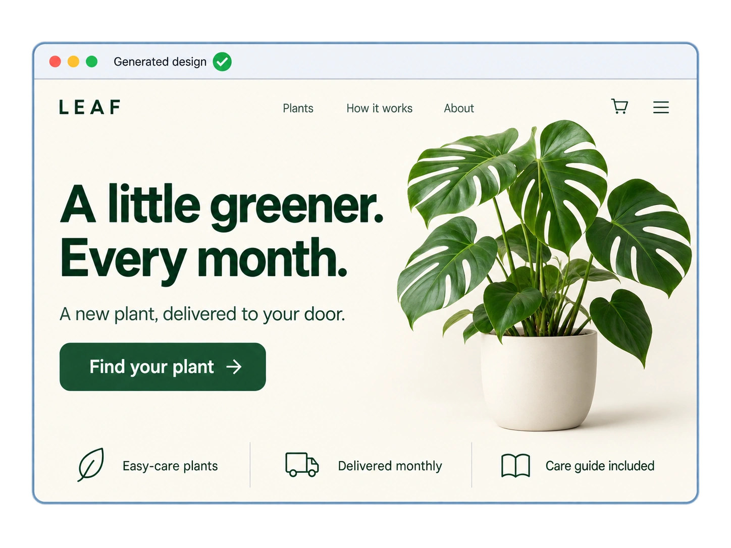 A complete plant subscription landing page with coordinated layout, copy and photography