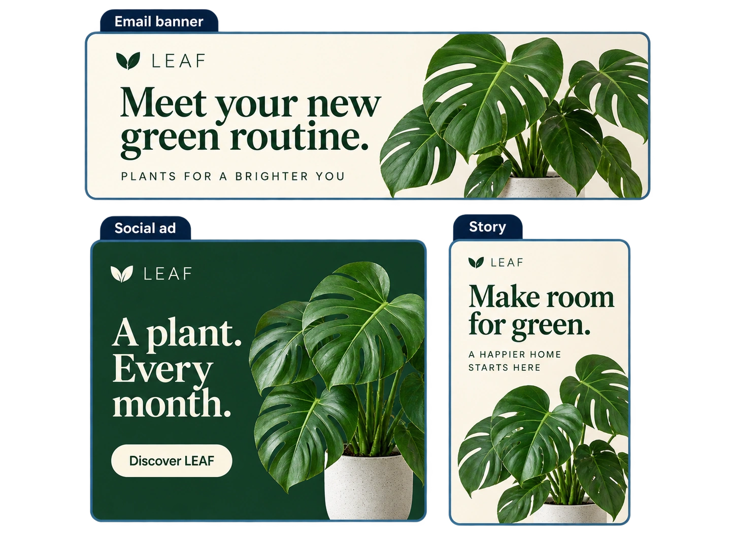 One LEAF campaign adapted into an email banner, social ad and story