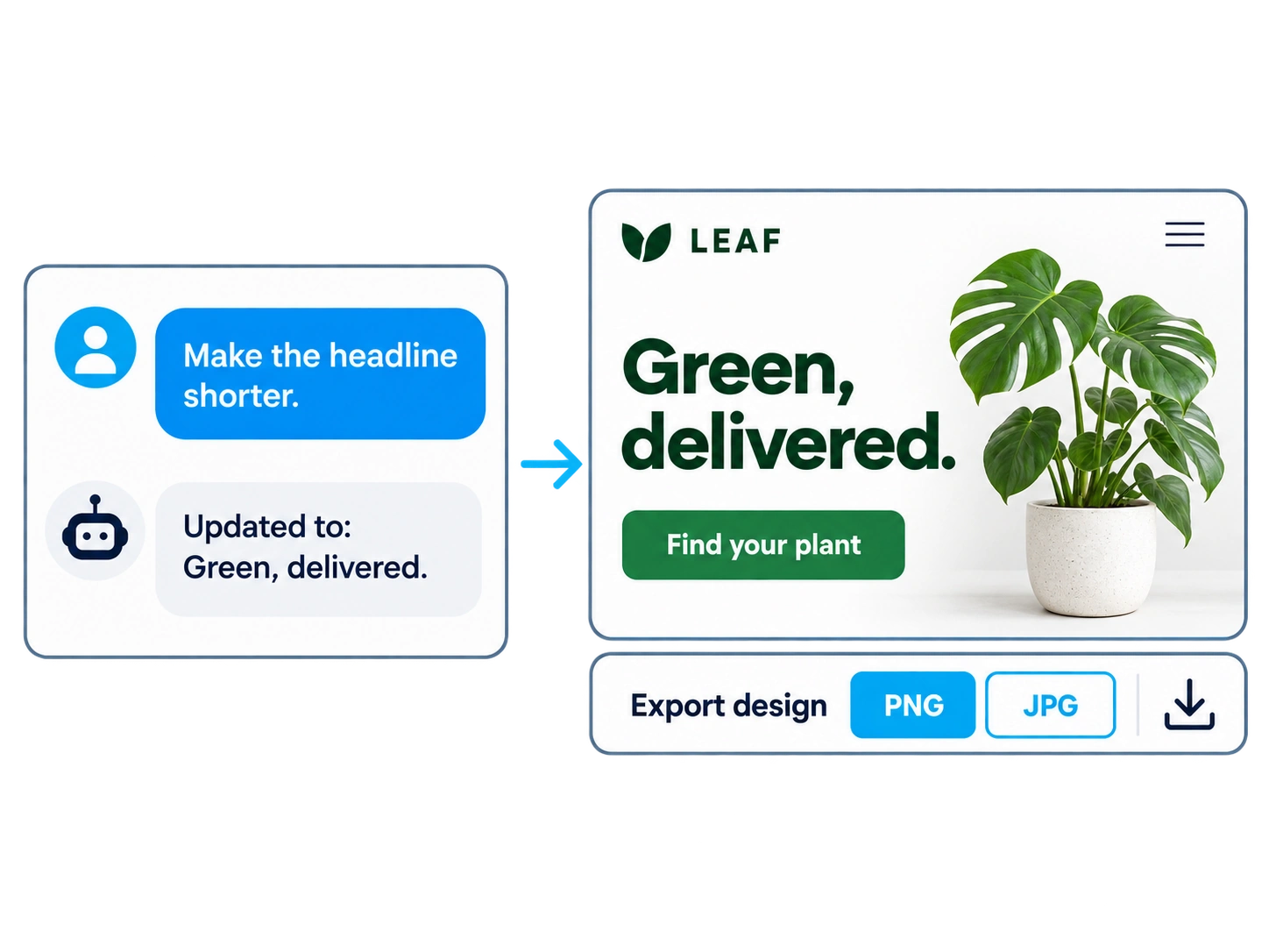 A headline edit requested in chat, applied to the design and ready to export